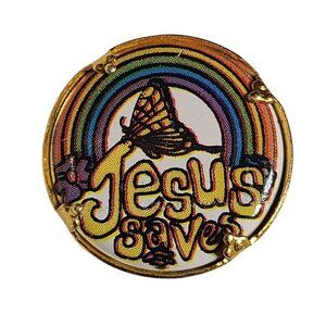 Vintage Jesus Saves Rainbow Butterfly Pin Gold Tone Christian Badge